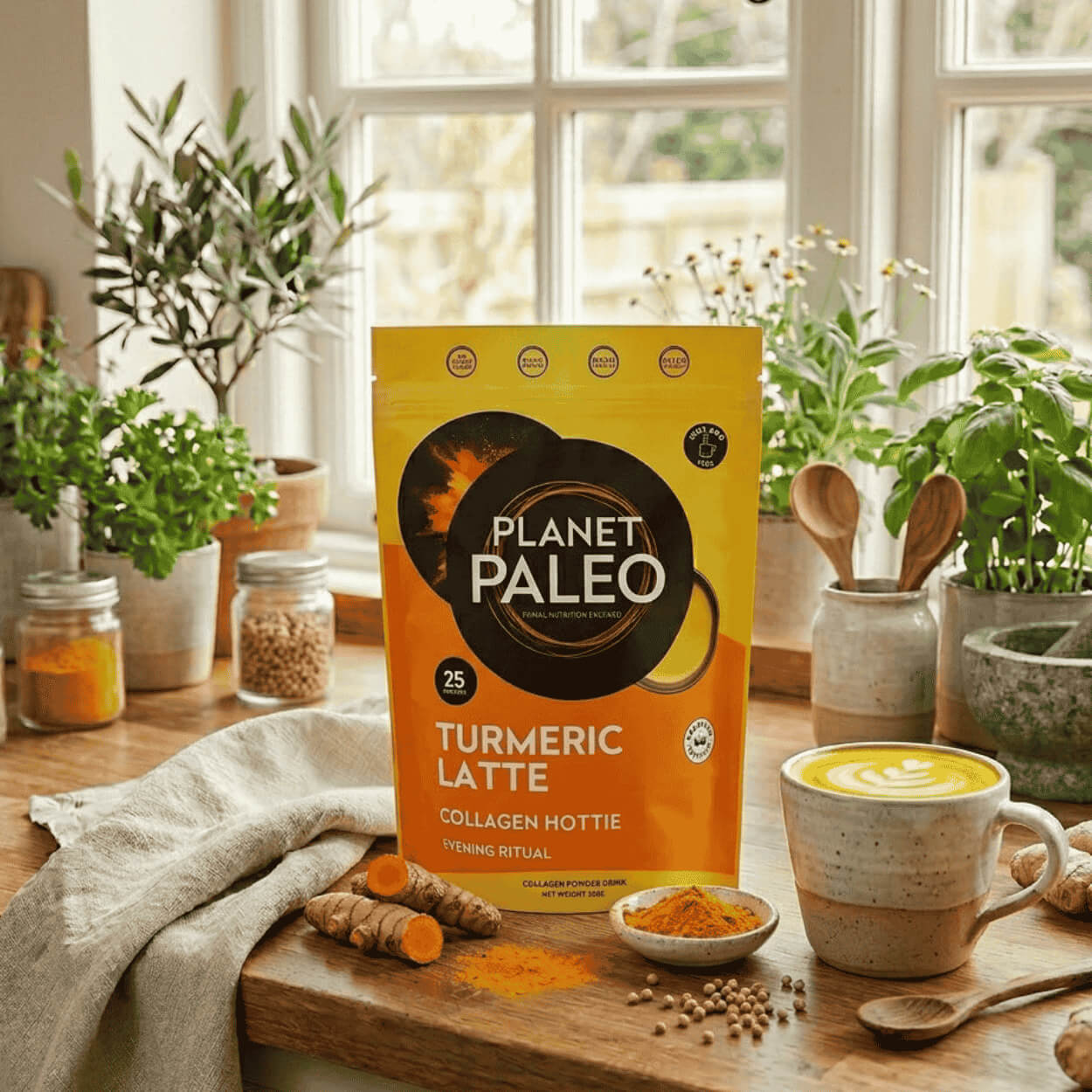 Balení Planet Paleo Turmeric Latté vedle hrnku zlatavého kurkumového nápoje s kurkumou a kořením.